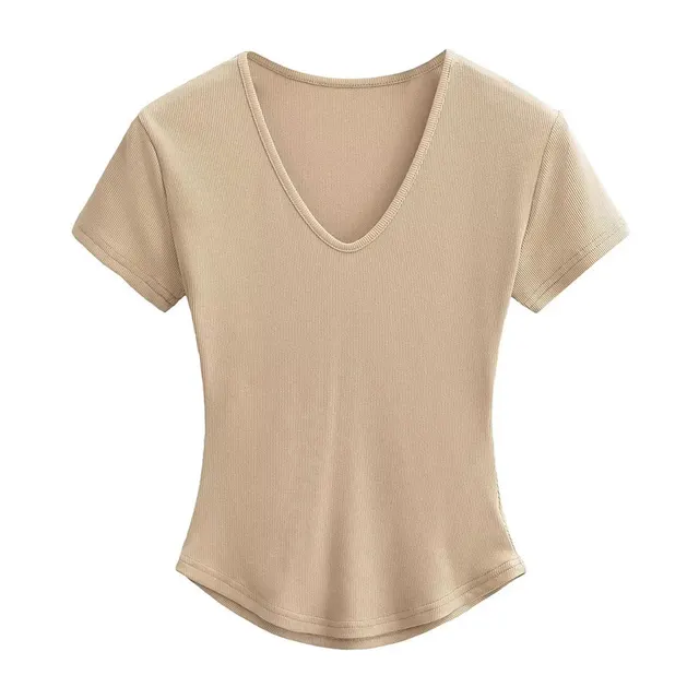 Sweet Cool Solid Color Slim V neck Shoulder Short Sleeve Curved Hem Khaki - Shop at LoveMi