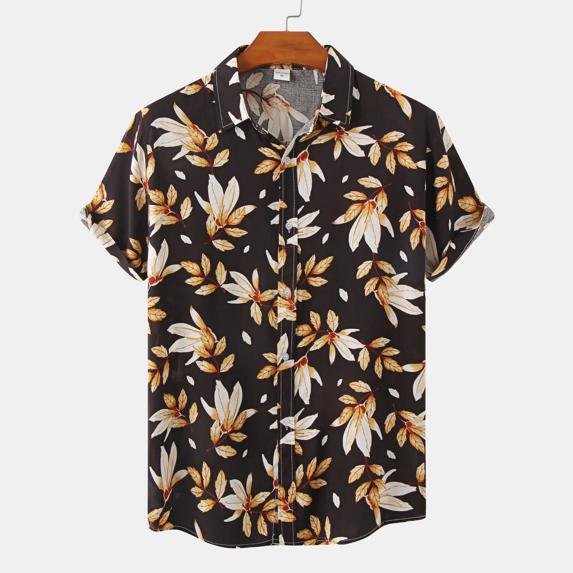 Summer Men's Fashion Floral Short Sleeve Shirt - Black