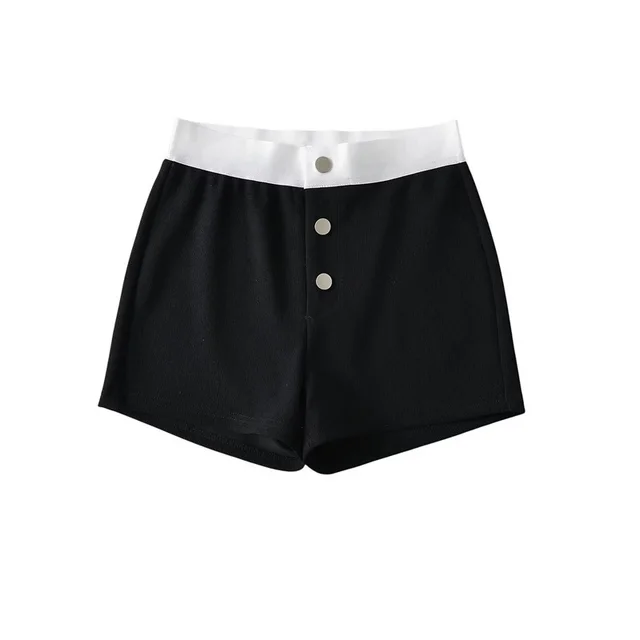 Sweet Cool Style Color Matching High Waist Three button Casual Shorts Fashion Outerwear Home Wide Leg Hot Pants Black - Shop at LoveMi