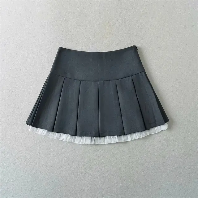 Sweet Cool Lace Stitching High Waist Pleated Skirt Dark Gray - Shop at LoveMi