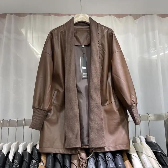 Knitted Stitching Mid length Leather Coat Women Brown - Shop at LoveMi