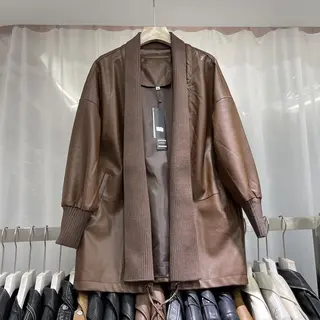 Knitted Stitching Mid-length Leather Coat Women - Brown