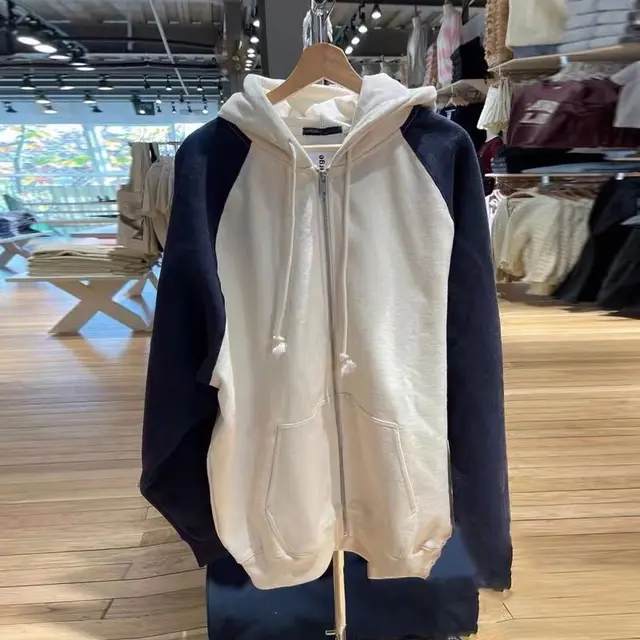 BM Style Dark Blue Mixed Beige Raglan Sleeve Multicolor Hoodie Coat For Women Lazy And Loose Hooded Zip Cardigan Beige And Navy Blue - Shop at LoveMi