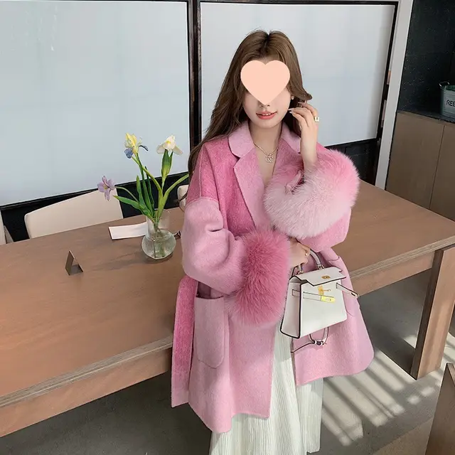 Gradient Color Fox Reversible Cashmere Woolen Coat Rose Red Gradient - Shop at LoveMi