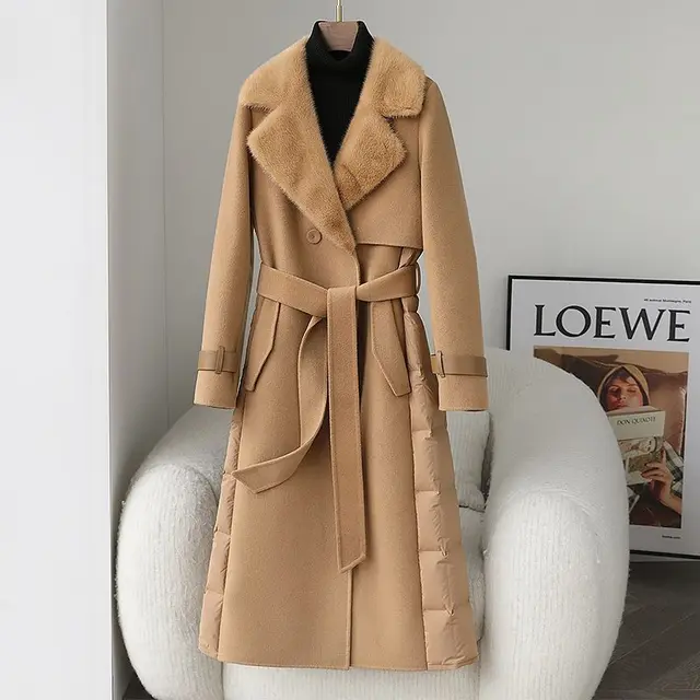 Imitated Mink Collar Double faced Woolen Goods Cashmere Stitching White Duck Jacket Red Camel Color - Shop at LoveMi