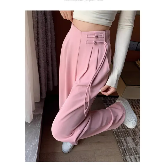 Traditional Buckle Draping Narrow Straight Casual Wide leg Pants Pink - Shop at LoveMi