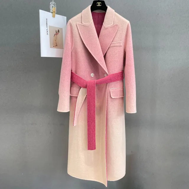 Fashion Gradient Color Belt Slim Slimming Soft And Comfortable Female Wool Overcoat Pink - Shop at LoveMi