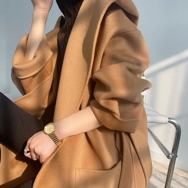 Women's Rose Red Reversible Hooded Cashmere Overcoat Mid length Camel - Shop at LoveMi