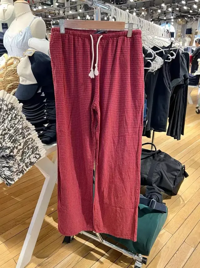 Women's Loose And Elastic Waist Drawstring Red Plaid Casual Trousers Red - Shop at LoveMi