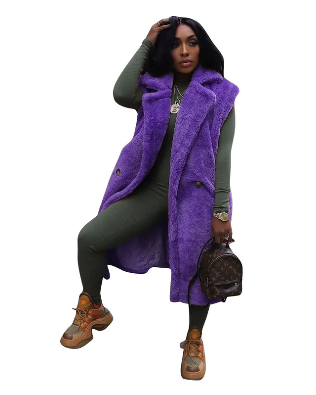 Casual Solid Color Plush Sleeveless Long Cardigan Jacket Purple - Shop at LoveMi