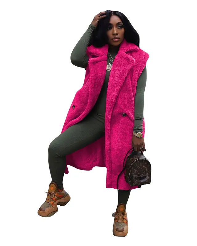 Casual Solid Color Plush Sleeveless Long Cardigan Jacket Rose Red - Shop at LoveMi
