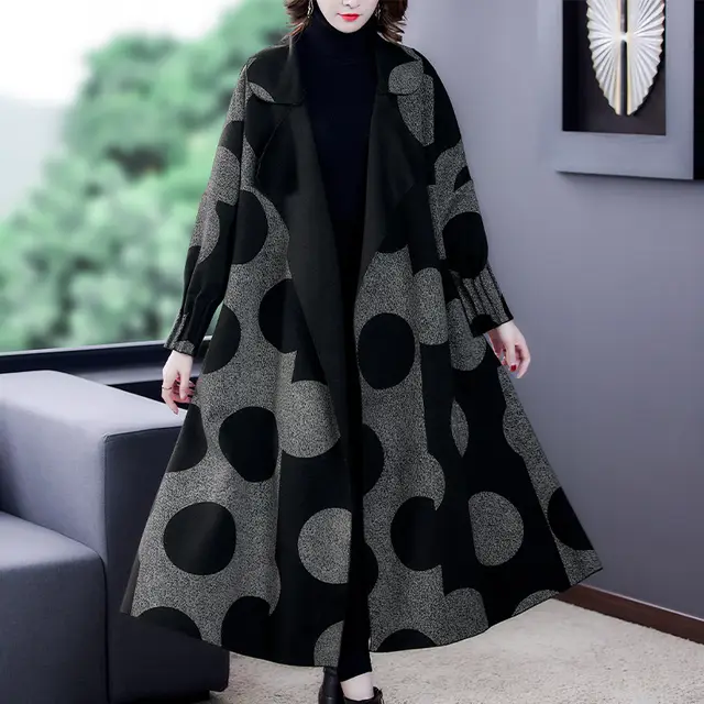 Loose Slimming Mid length Large Lapel Polka Dot Coat For Women - Shop at LoveMi