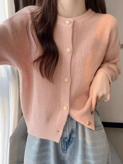 Fresh Round Neck Knitted Cardigan Spring And Autumn Design Younger Petite Top Candy Color Knitted Women's Coat Pink - Shop at LoveMi