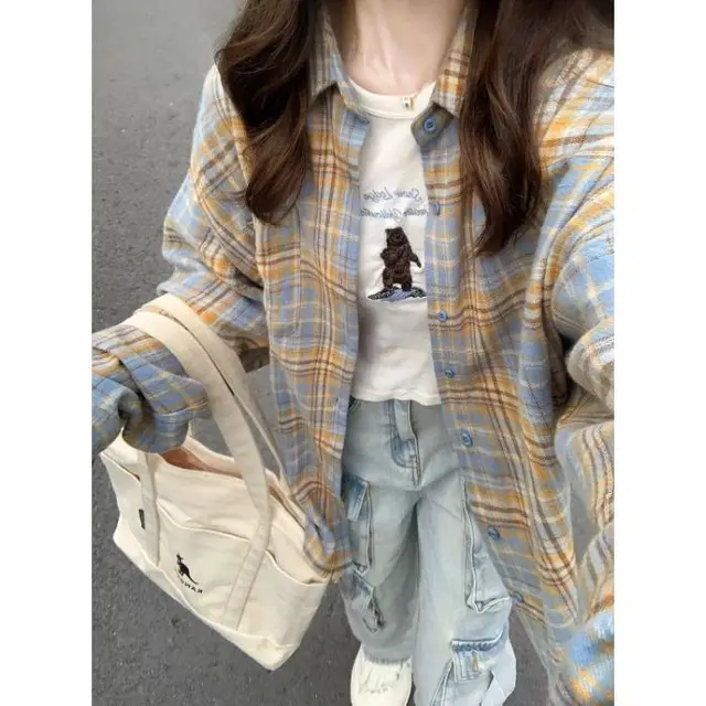 Dopamine Sweet Milky Yellow Plaid Shirt For Women Yellow Plaid - Shop at LoveMi