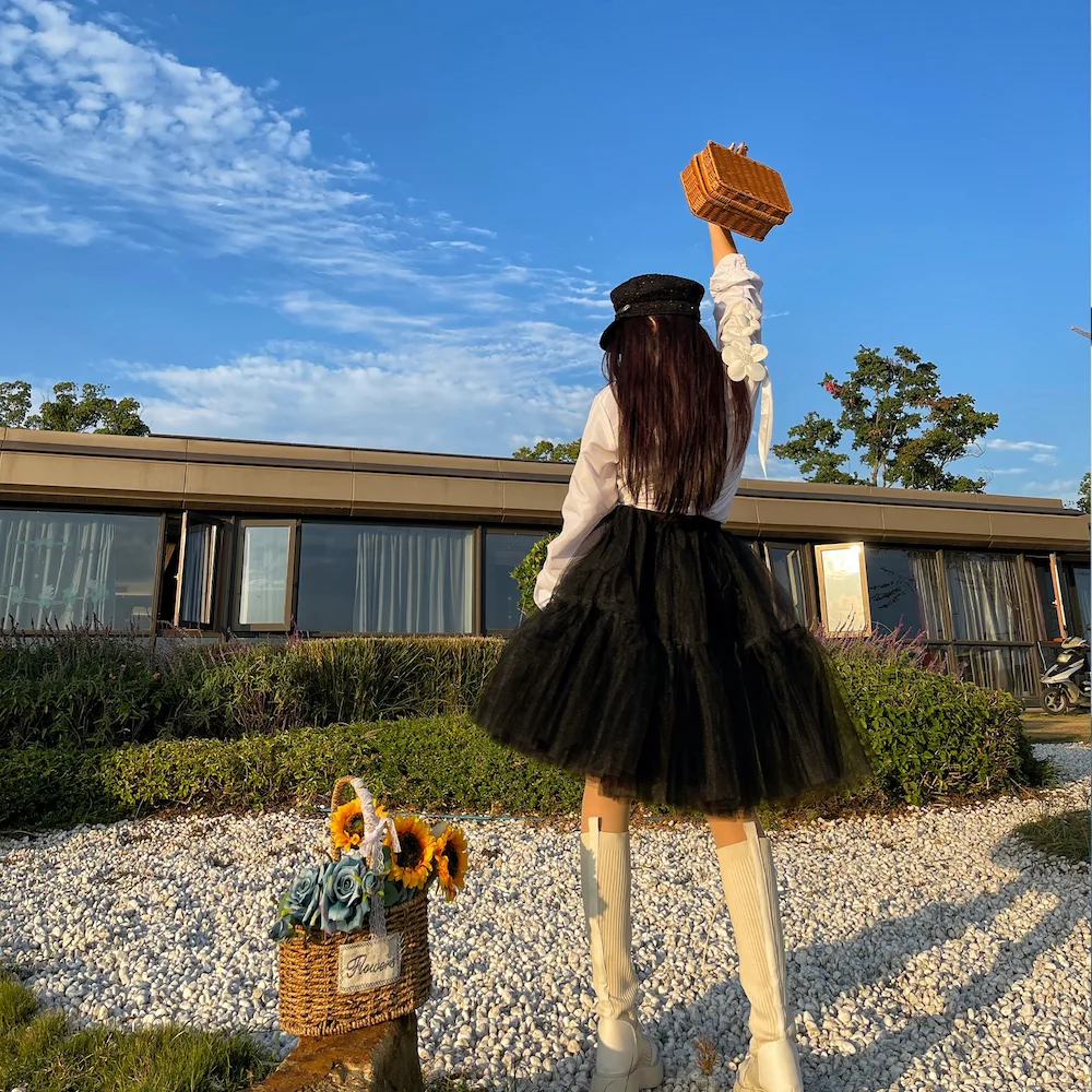 Black Tulle Layered High Waist A Line Skirt, Women's Tutu Skirt Mesh Splicing Skirt Multi layer Cake A line Pleated Skirt Fairy Skirt Black - Shop at LoveMi