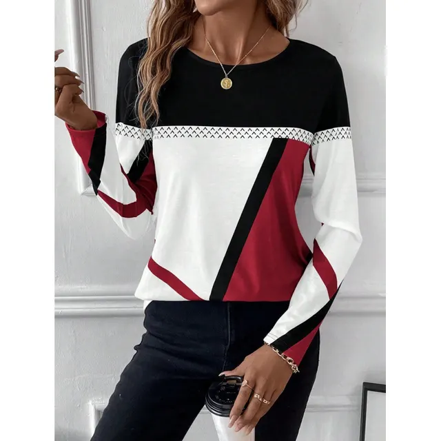 Pullover Round Neck Contrast Color Stitching Geometric Print Top Red - Shop at LoveMi