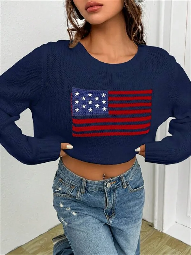 Women's Loose Round Neck Flag Sweater Navy Blue - Shop at LoveMi