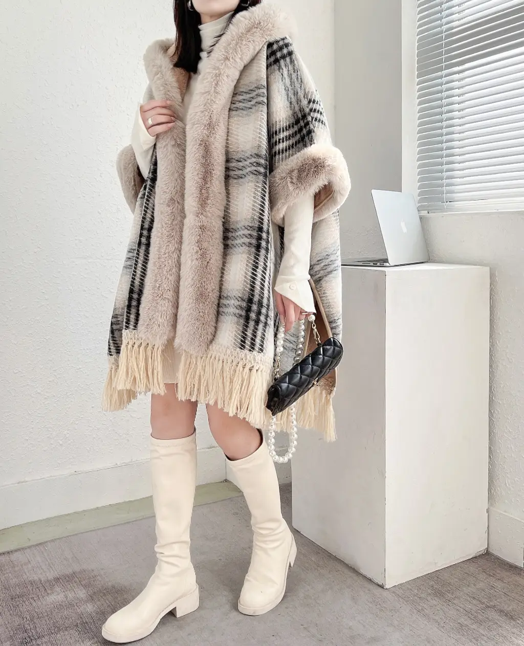 Women's Fleece Lined Padded Warm Keeping Mid-length Tassel Cape And Shawl - 8030 Plaid Gray