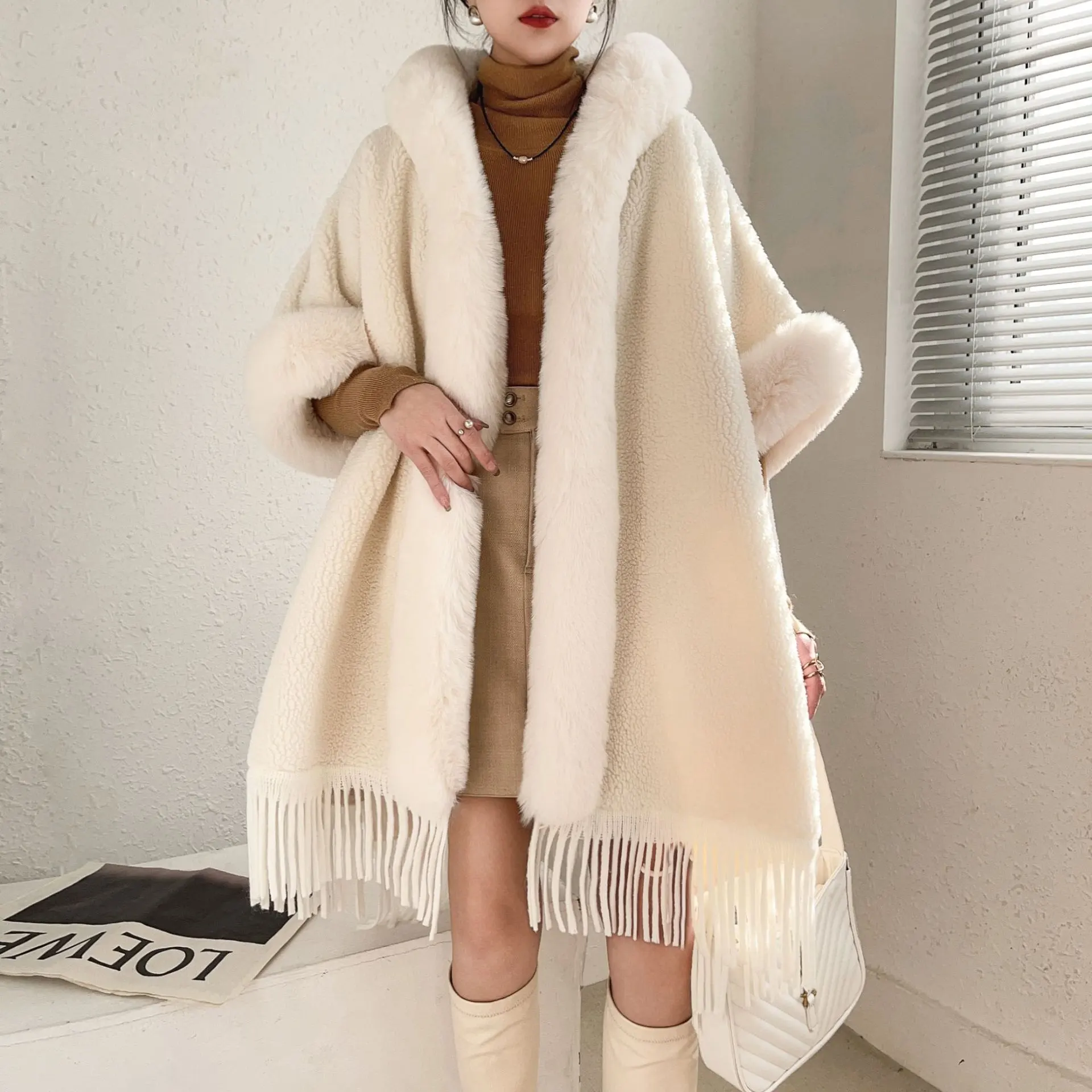 Women's Fleece Lined Padded Warm Keeping Mid-length Tassel Cape And Shawl - 8031 Pure Beige
