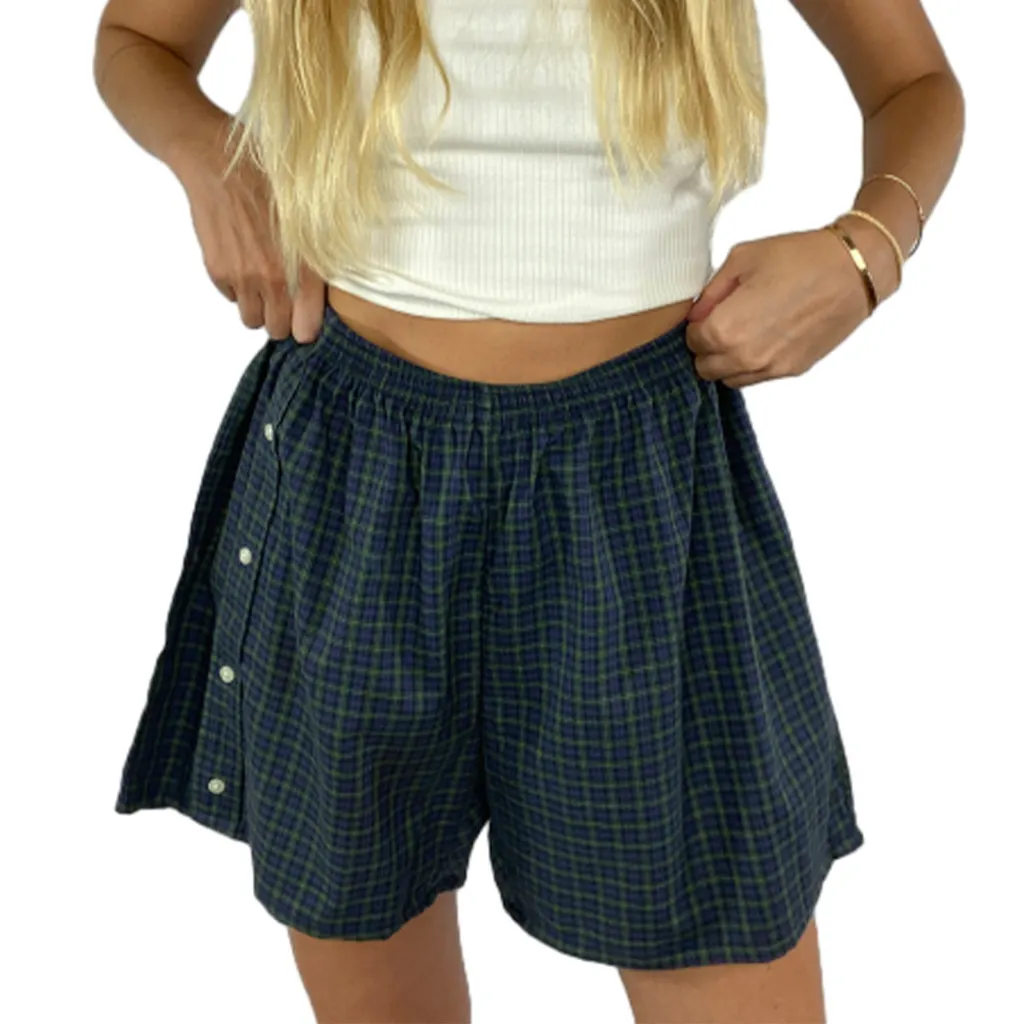 Women's Shorts Loose Plaid Beach Pants Home Wear - C Dark Green Plaid