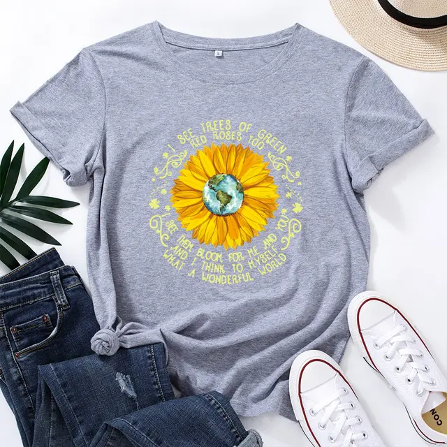 Bee Festival European And American Loose Round Neck Sunflower Short Sleeve Gray - Shop at LoveMi