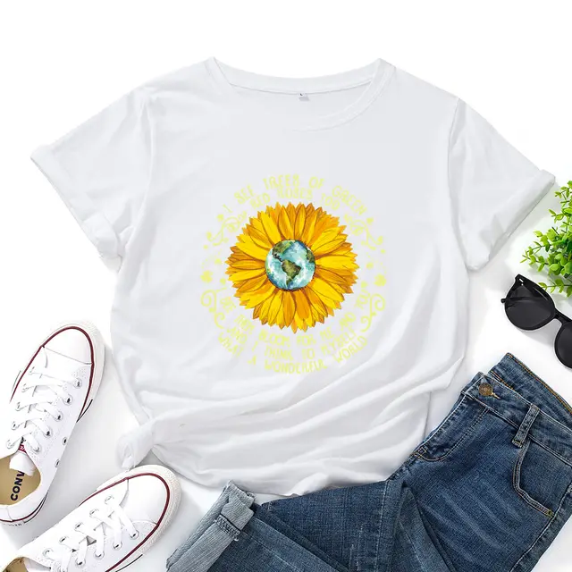 Bee Festival European And American Loose Round Neck Sunflower Short Sleeve White - Shop at LoveMi