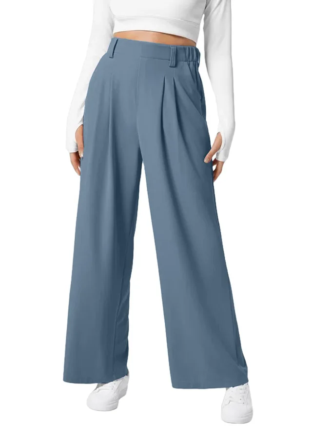 Women's Wide Leg Pants Elastic High Waist Waffle Knit Casual Navy Blue - Shop at LoveMi