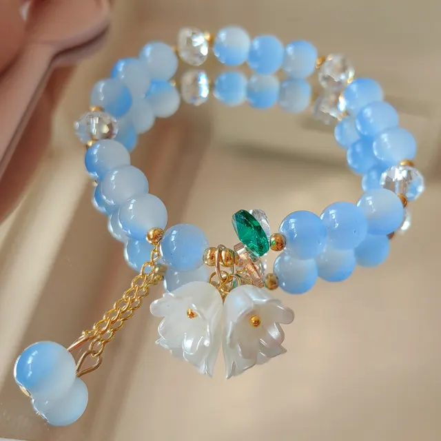 Cream Two tone Lily Women's Crystal Flowers Bracelet Blue - Shop at LoveMi