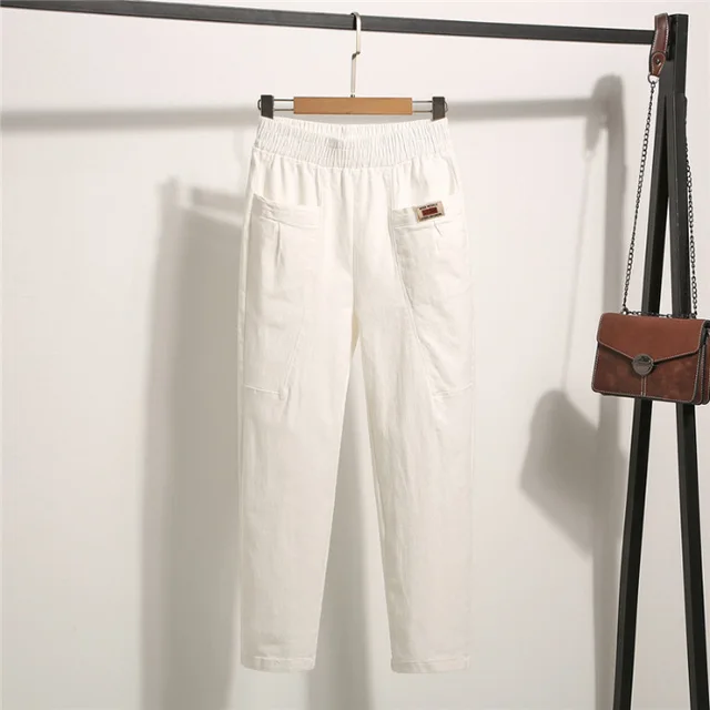 Women's Washed Cotton Summer Stretch Fashion Elastic Waist Cropped Pants Beige - Shop at LoveMi