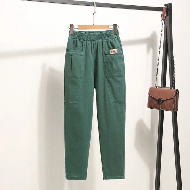 Women's Washed Cotton Summer Stretch Fashion Elastic Waist Cropped Pants Green - Shop at LoveMi