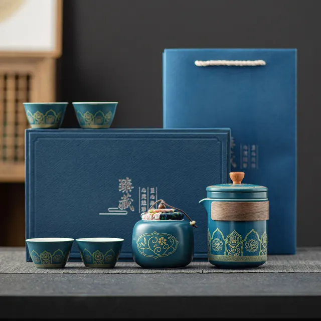 Tea Set Suit Ceramic One Pot Four Cups Gift Box Blue 4 Cup Gift Box - Shop at LoveMi