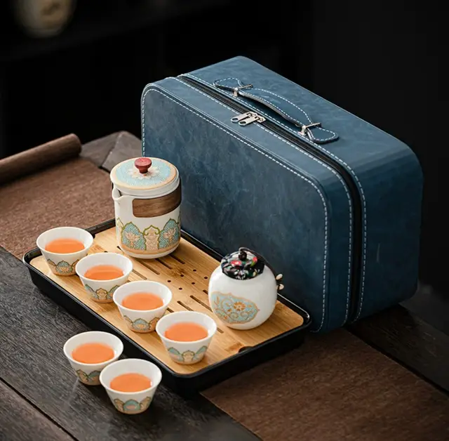 Tea Set Suit Ceramic One Pot Four Cups Gift Box White 6 Cup Blue Leather - Shop at LoveMi