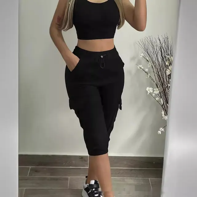 Khaki Casual Patch Pocket Elastic Cropped Pants Black - Shop at LoveMi