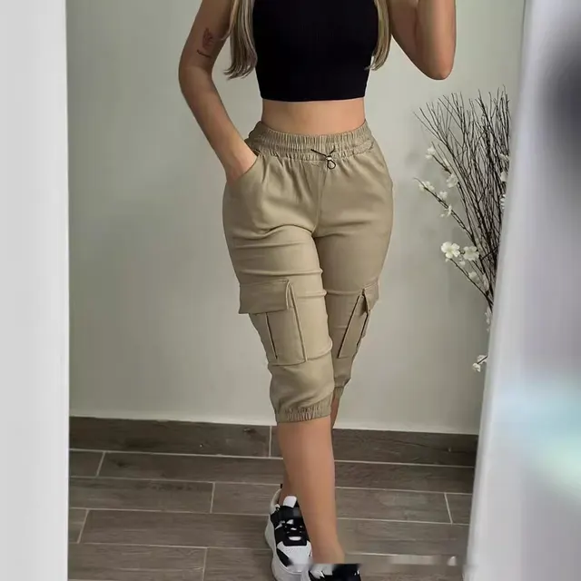Khaki Casual Patch Pocket Elastic Cropped Pants Khaki - Shop at LoveMi