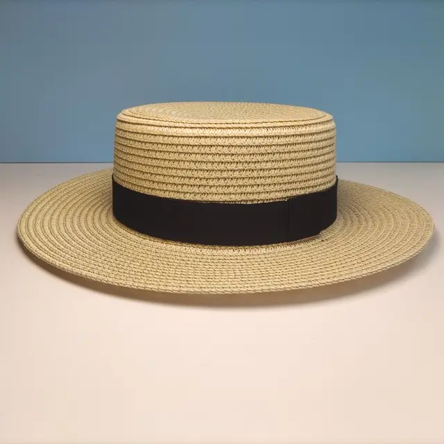Black Decorative Band Flat Straw Hat High grade Beige - Shop at LoveMi