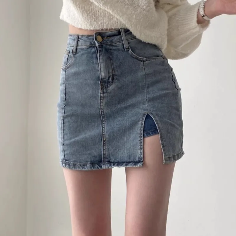 Retro High Waist Denim Skirt For Women - Blue