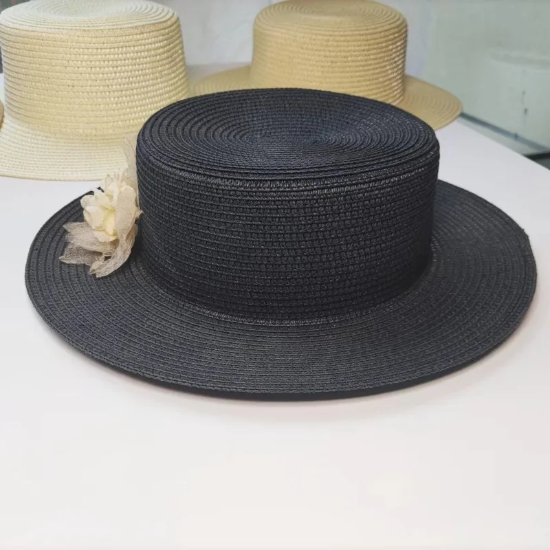 Flat Top Women's Beach Raffia Sun Hat - Black