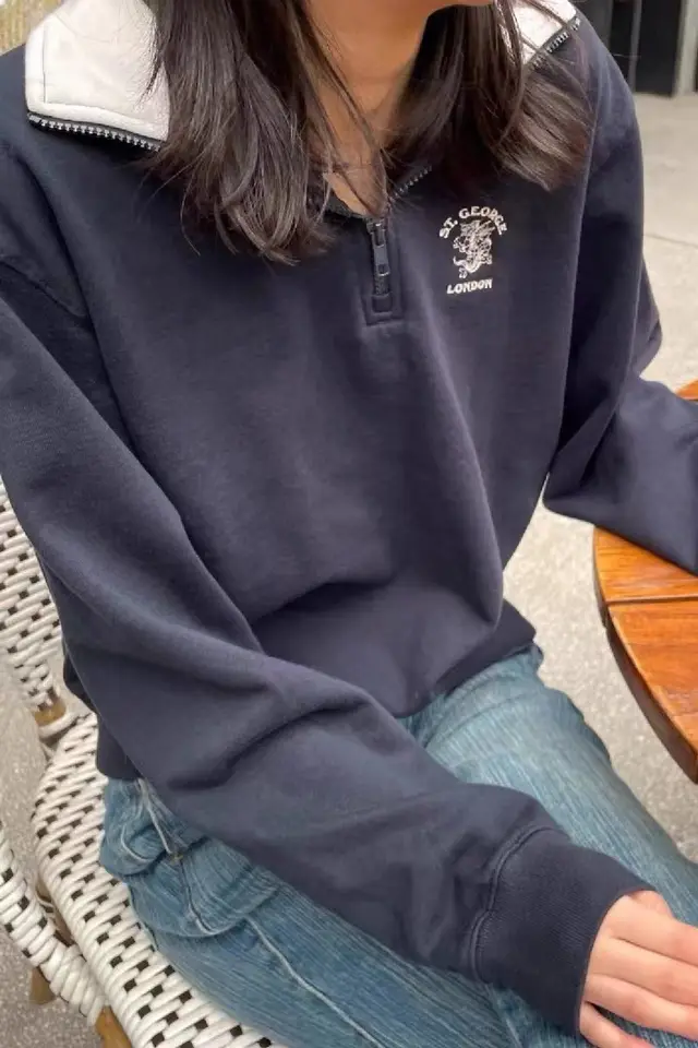 Vintage Embroidered Half Zipped Stand Collar Loose Sweater Women's Coat Navy Blue - Shop at LoveMi