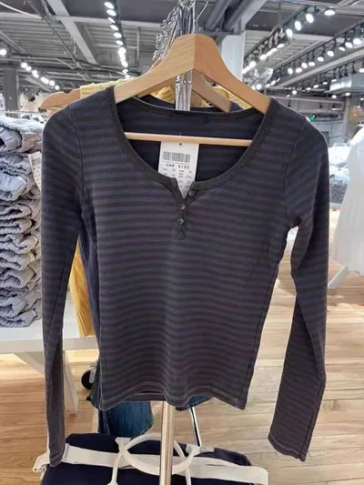 Three hole Brown Blue Striped Women's T shirt Long Sleeve Top Women's As Shown In The Figure - Shop at LoveMi