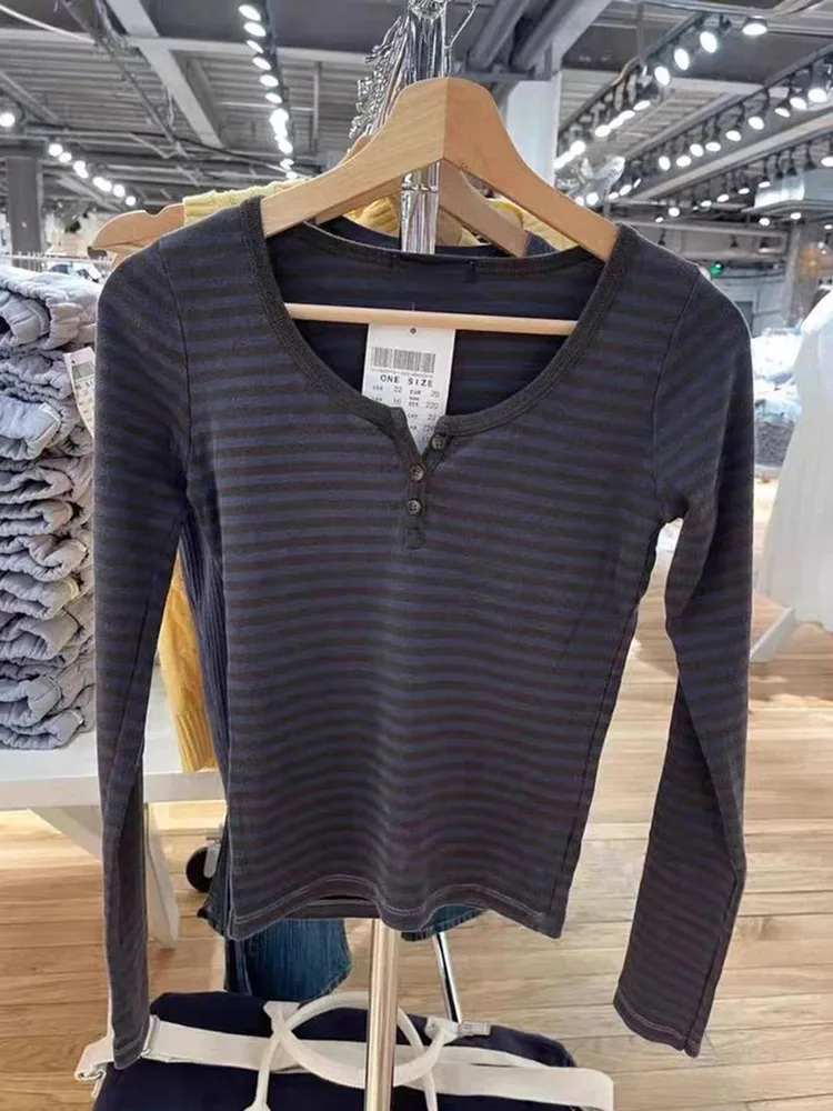 Three hole Brown Blue Striped Women's T shirt Long Sleeve Top Women's As Shown In The Figure - Shop at LoveMi