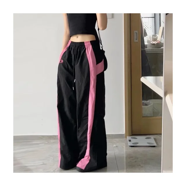 Contrast Patchwork Loose Casual Drawstring Wide leg Pants Black - Shop at LoveMi