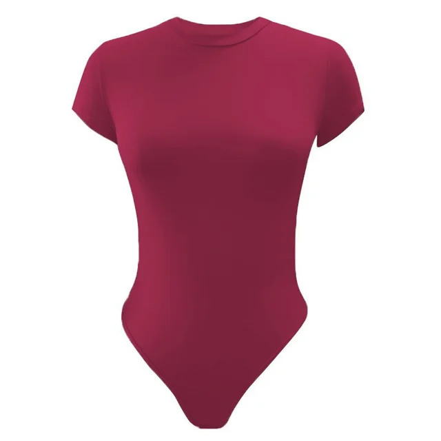 Sexy Tight fitting Short sleeved Jumpsuit Summer Solid Color Bodysuit Womens Clothing Wine Red - Shop at LoveMi
