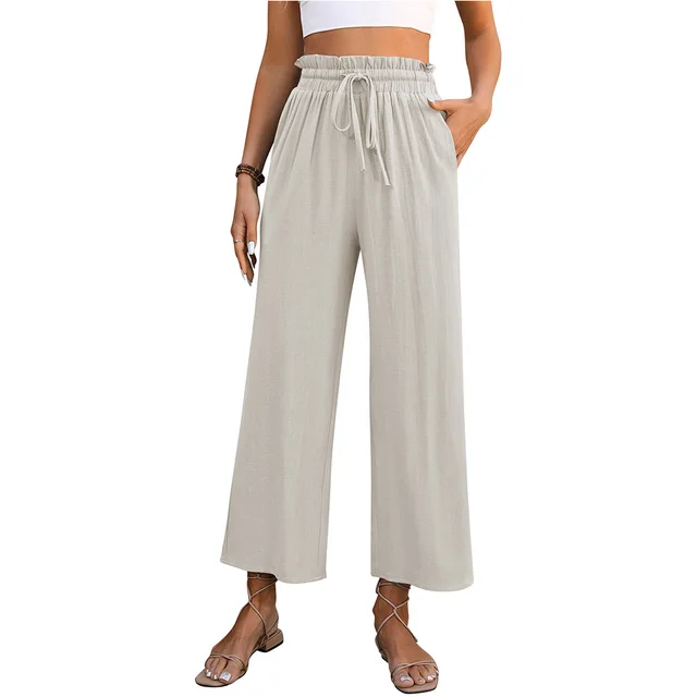 Drawstring High Waist Straight Pants Summer Casual Solid Color Loose Wide Leg Trousers For Womens Clothing Beige - Shop at LoveMi