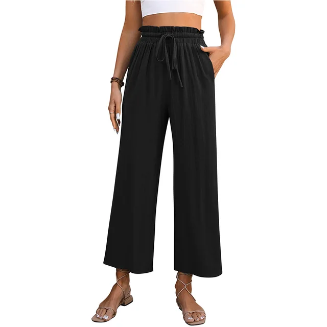 Drawstring High Waist Straight Pants Summer Casual Solid Color Loose Wide Leg Trousers For Womens Clothing Black - Shop at LoveMi