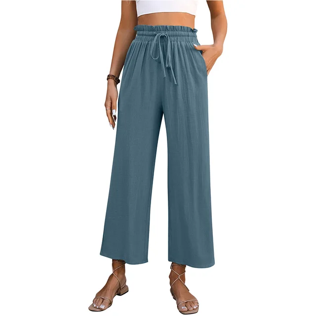 Drawstring High Waist Straight Pants Summer Casual Solid Color Loose Wide Leg Trousers For Womens Clothing Blue - Shop at LoveMi