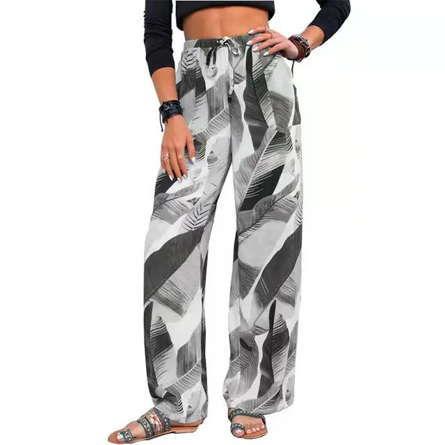 Fashion Drawstring Leaf Print Beach Pants Summer Casual Loose Wide Leg Straight Trousers Womens Clothing Grey - Shop at LoveMi