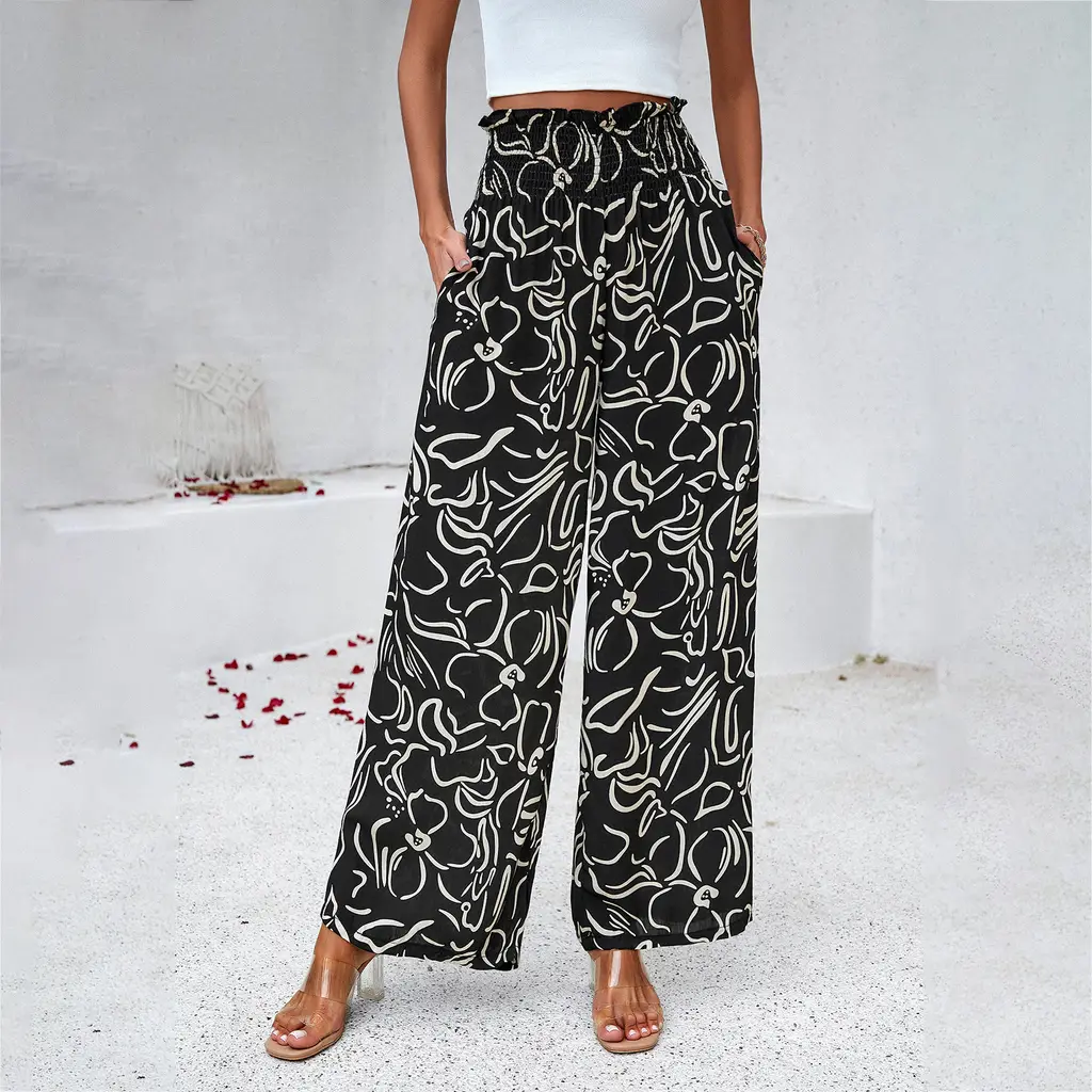 Elegant Printed Trousers Summer Loose Elastic High Waist Straight Pants For Beach Vacation Womens Clothing - Black