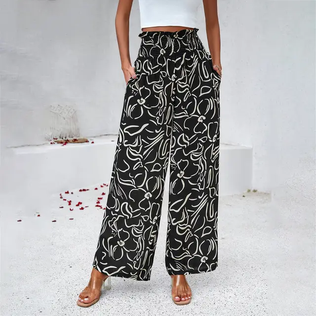 Elegant Printed Trousers Summer Loose Elastic High Waist Straight Pants For Beach Vacation Womens Clothing Black - Shop at LoveMi
