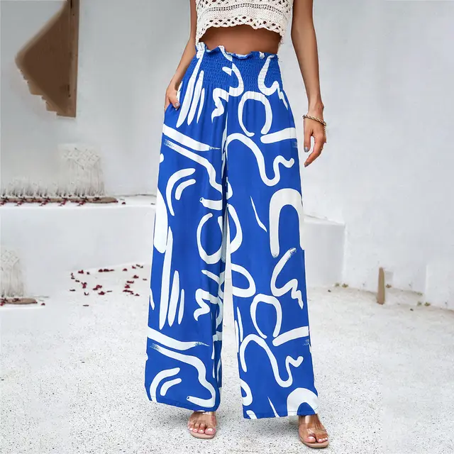 Elegant Printed Trousers Summer Loose Elastic High Waist Straight Pants For Beach Vacation Womens Clothing Navy Blue - Shop at LoveMi
