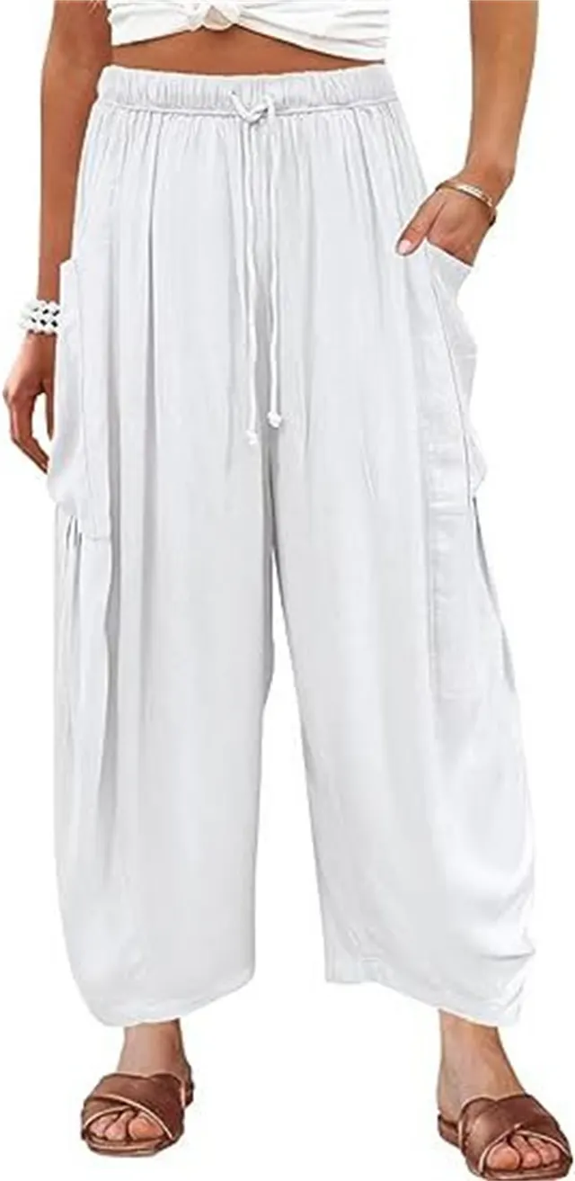 Fashion Wide Leg Pants Summer Loose Elastic High Waist Pleated Trousers Solid Color Womens Clothing White - Shop at LoveMi